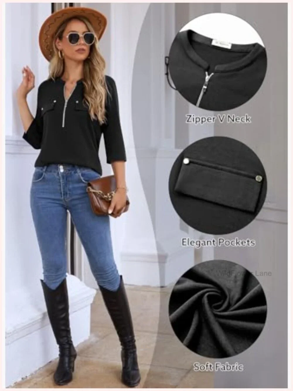 3/4 Sleeve Tunic with Leggings V-Neck Zipper Casual Blouse - Picture 5 of 7